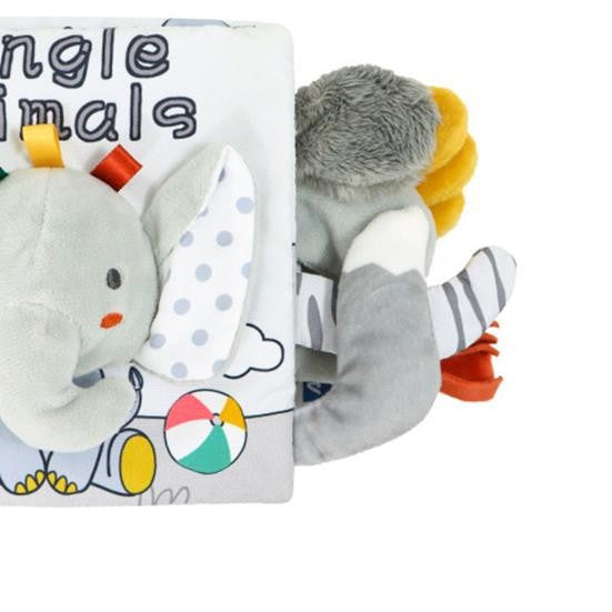 Carte Senzoriala pentru Bebelusi, Animalute 3D cu Sunete si Fosnete Interactive, Material Textil Lavabil, 0-3 Ani, Model Elefantel, Gri, 15x16x6 cm
