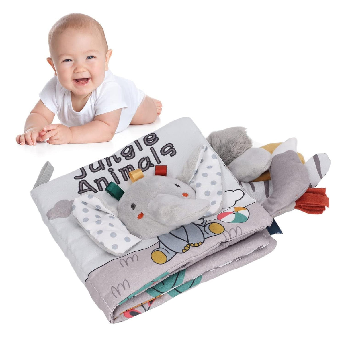 Carte Senzoriala pentru Bebelusi, Animalute 3D cu Sunete si Fosnete Interactive, Material Textil Lavabil, 0-3 Ani, Model Elefantel, Gri, 15x16x6 cm