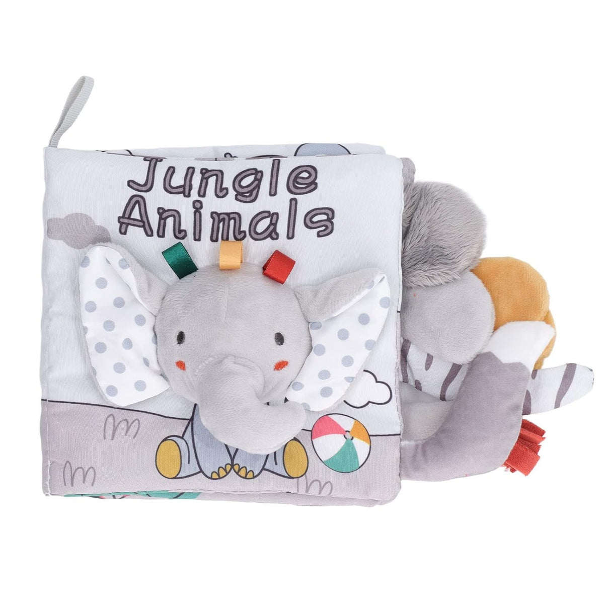 Carte Senzoriala pentru Bebelusi, Animalute 3D cu Sunete si Fosnete Interactive, Material Textil Lavabil, 0-3 Ani, Model Elefantel, Gri, 15x16x6 cm