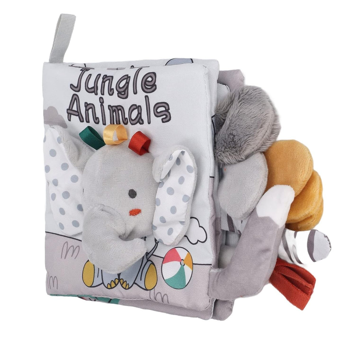 Carte Senzoriala pentru Bebelusi, Animalute 3D cu Sunete si Fosnete Interactive, Material Textil Lavabil, 0-3 Ani, Model Elefantel, Gri, 15x16x6 cm