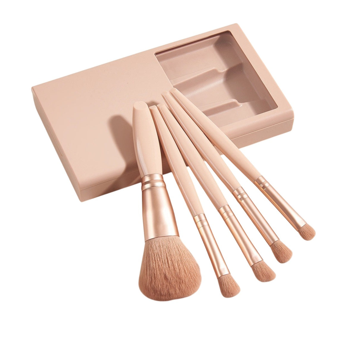 Set 5 Pensule Machiaj cu Peri Moi, Kit Profesional pentru Fond de Ten si Fard, Carcasa Depozitare cu Oglinda Inclusa, Roz Pal