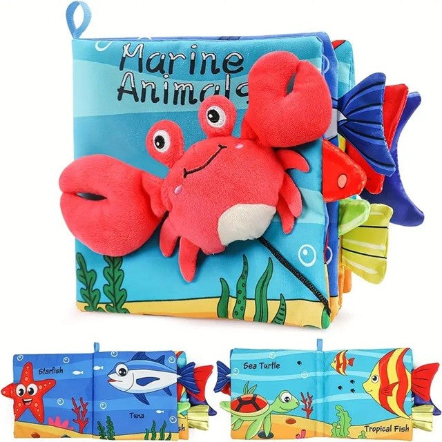 Carte Senzoriala pentru Bebeluși, Animăluțe 3D cu Sunete și Foșnete, Material Textil Lavabil, Model Crab, 0-3 Ani, 15x16x4 cm, Multicolor
