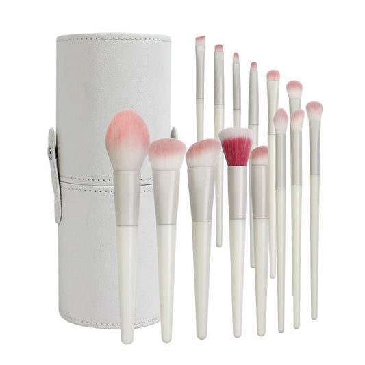 Set 14 Pensule Machiaj cu Peri Moi, Kit Complet Aplicare Fond de Ten si Fard, Suport Depozitare Inclus, Design Ergonomic, Bej