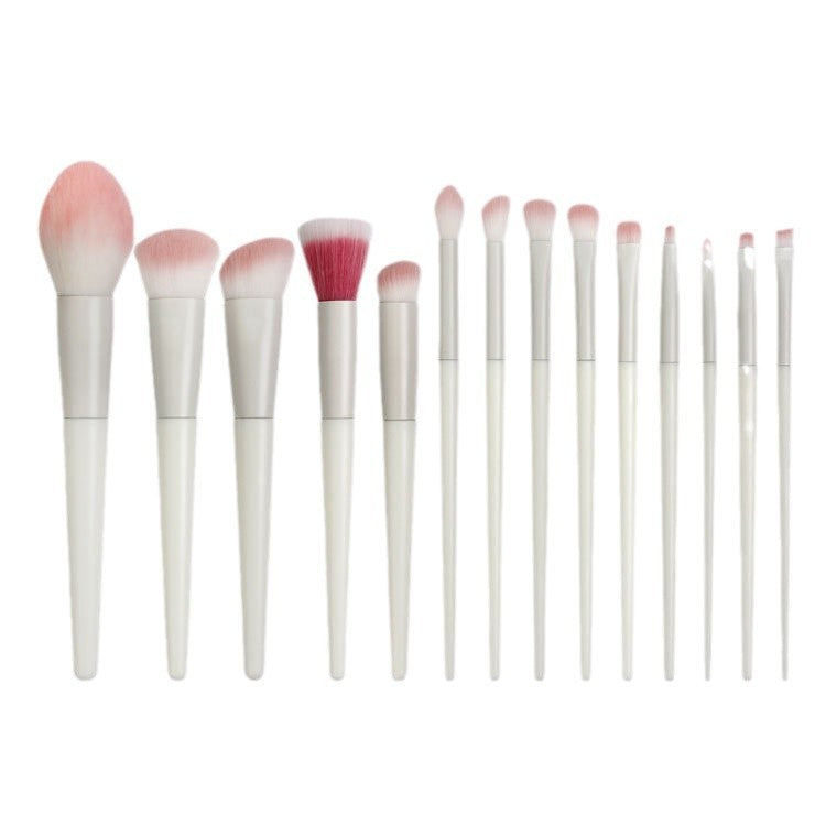 Set 14 Pensule Machiaj cu Peri Moi, Kit Complet Aplicare Fond de Ten si Fard, Suport Depozitare Inclus, Design Ergonomic, Bej