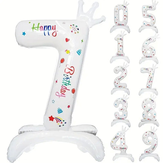 Balon Aniversar Cifra 7, Imprimeu Happy Birthday, Folie Metalizata, Umflare Aer sau Heliu, Inaltime 81 cm, Alb