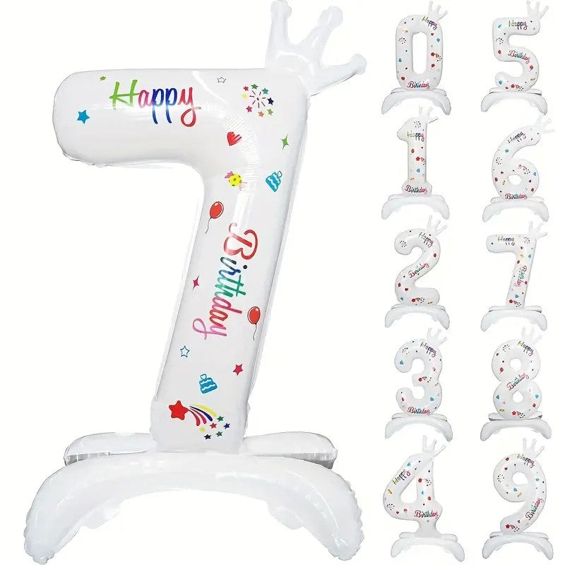 Balon Aniversar Cifra 7, Imprimeu Happy Birthday, Folie Metalizata, Umflare Aer sau Heliu, Inaltime 81 cm, Alb