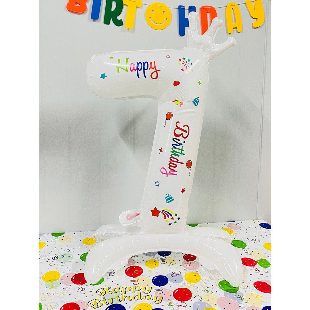 Balon Aniversar Cifra 7, Imprimeu Happy Birthday, Folie Metalizata, Umflare Aer sau Heliu, Inaltime 81 cm, Alb