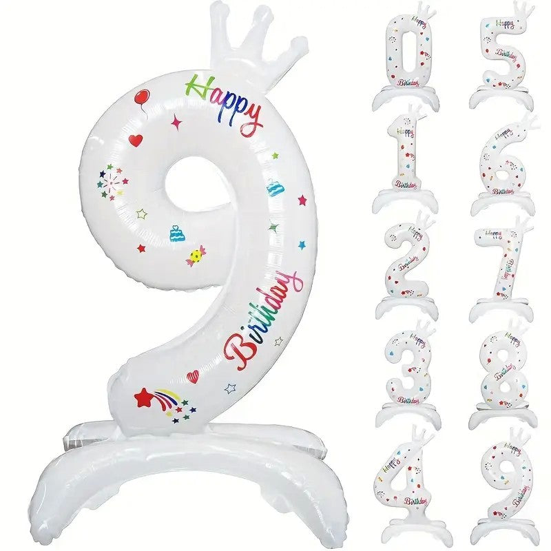 Balon Aniversar Cifra 9, Mesaj Happy Birthday, Folie Metalizata, Umflare Aer sau Heliu, Inaltime 81 cm, Alb