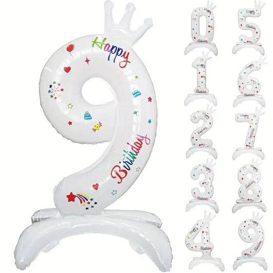 Balon Aniversar Cifra 9, Mesaj Happy Birthday, Folie Metalizata, Umflare Aer sau Heliu, Inaltime 81 cm, Alb