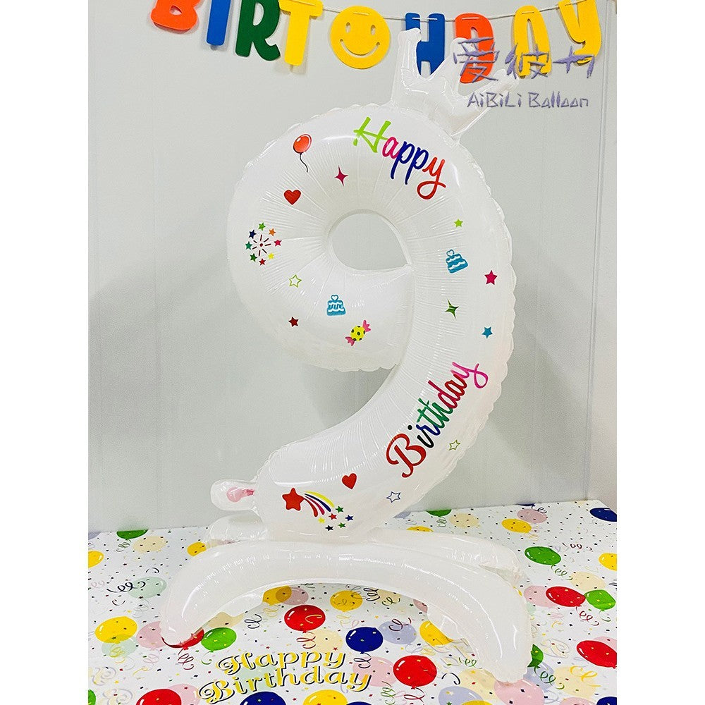 Balon Aniversar Cifra 9, Mesaj Happy Birthday, Folie Metalizata, Umflare Aer sau Heliu, Inaltime 81 cm, Alb
