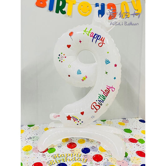 Balon Aniversar Cifra 9, Mesaj Happy Birthday, Folie Metalizata, Umflare Aer sau Heliu, Inaltime 81 cm, Alb