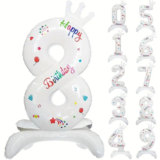 Balon Aniversar Cifra 8 cu Mesaj Happy Birthday, Figurina din Folie Metalizata, Umflare Aer sau Heliu, Include Pai, 81 cm, Alb