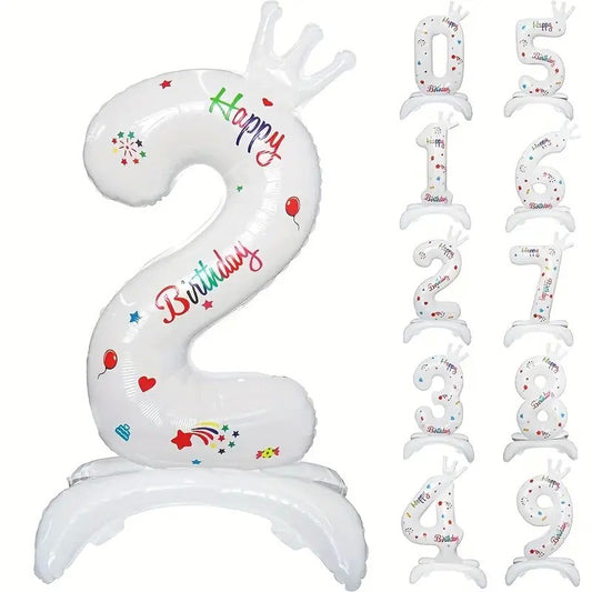 Balon Aniversar Cifra 2 din Folie Metalizata, Mesaj Happy Birthday, Petrecere Aniversare, Umflare Aer sau Heliu, 81 cm, Alb