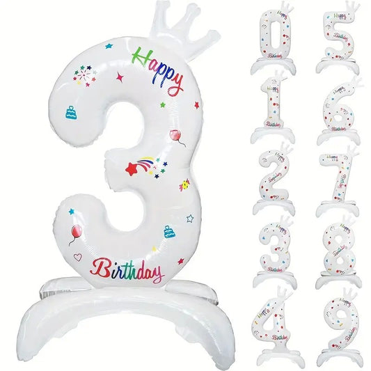 Balon Aniversar Cifra 3, Mesaj Happy Birthday, Folie Metalizata, Umflare Aer sau Heliu, 81 cm, Alb