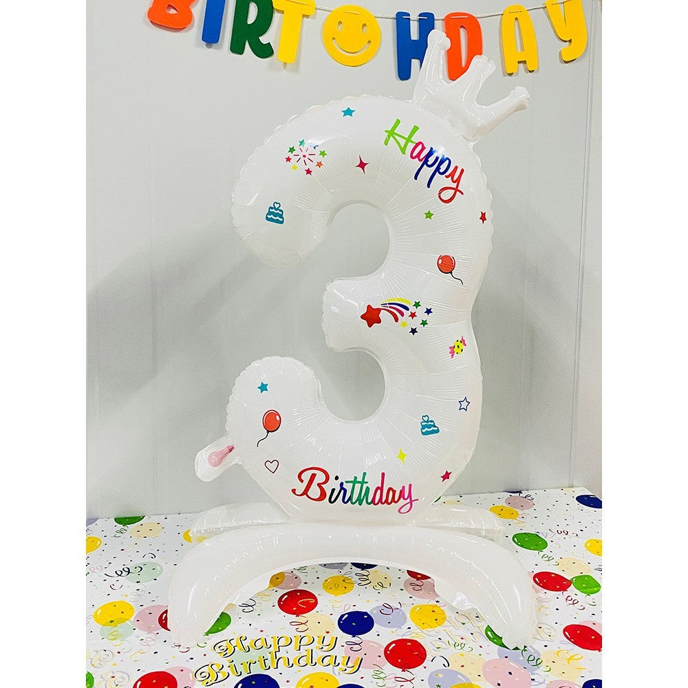 Balon Aniversar Cifra 3, Mesaj Happy Birthday, Folie Metalizata, Umflare Aer sau Heliu, 81 cm, Alb