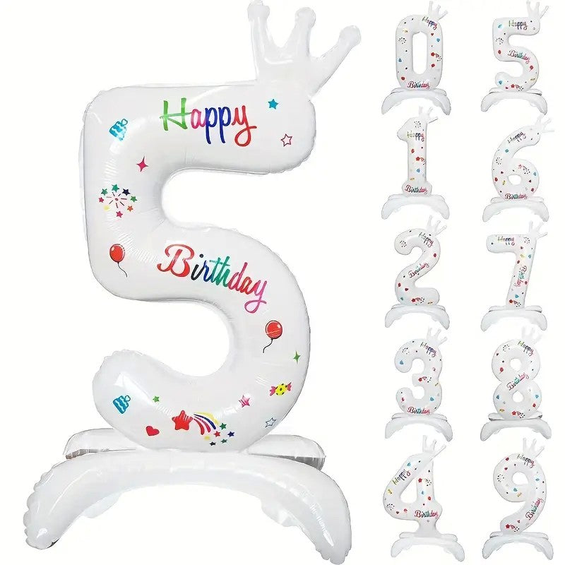 Balon Aniversar Cifra 5, Mesaj Happy Birthday, Folie Metalizata, Umflare Aer sau Heliu, Inclus Pai, 81 cm, Alb