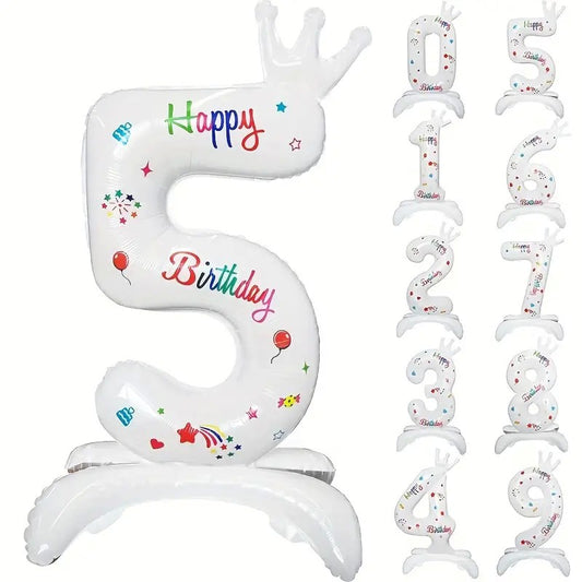 Balon Aniversar Cifra 5, Mesaj Happy Birthday, Folie Metalizata, Umflare Aer sau Heliu, Inclus Pai, 81 cm, Alb