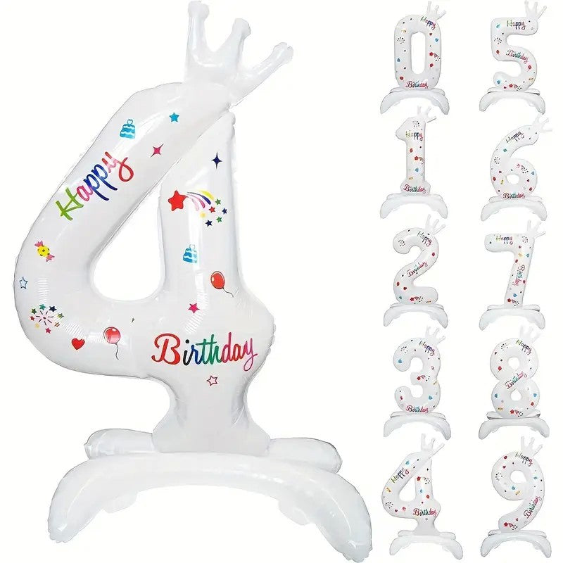 Balon Aniversar Cifra 4 din Folie Metalizata, Mesaj Happy Birthday, Figurina Gigant, Umflare Aer sau Heliu, 81 cm, Alb