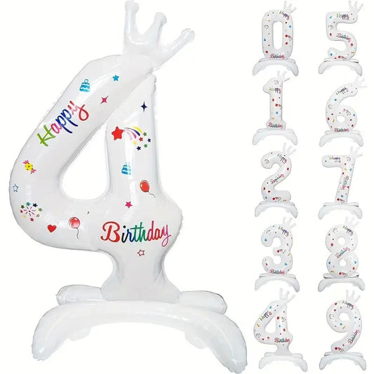 Balon Aniversar Cifra 4 din Folie Metalizata, Mesaj Happy Birthday, Figurina Gigant, Umflare Aer sau Heliu, 81 cm, Alb