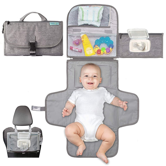 Geanta Multifunctionala si Aleza de Schimbat Scutece Portabila, Impermeabila cu Buzunare si Sistem de Agatare, Panza Oxford 300D, 30 x 20 cm, Gri