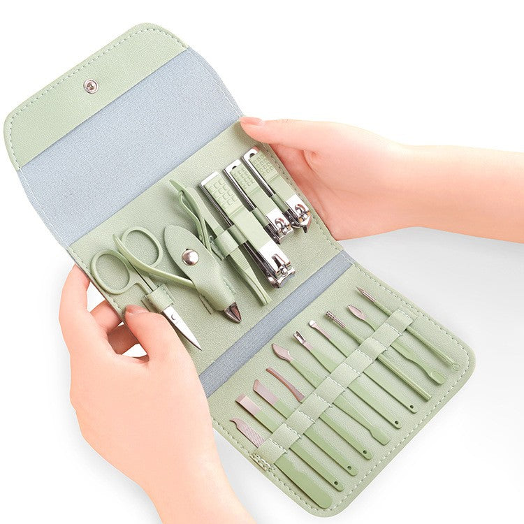 Set Manichiura si Pedichiura Complet, Trusa Ingrijire Faciala 16 Piese, Otel Carbon cu Maner Ergonomic, Geanta Organizatoare Piele Ecologica, Verde