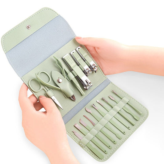 Set Manichiura si Pedichiura Complet, Trusa Ingrijire Faciala 16 Piese, Otel Carbon cu Maner Ergonomic, Geanta Organizatoare Piele Ecologica, Verde