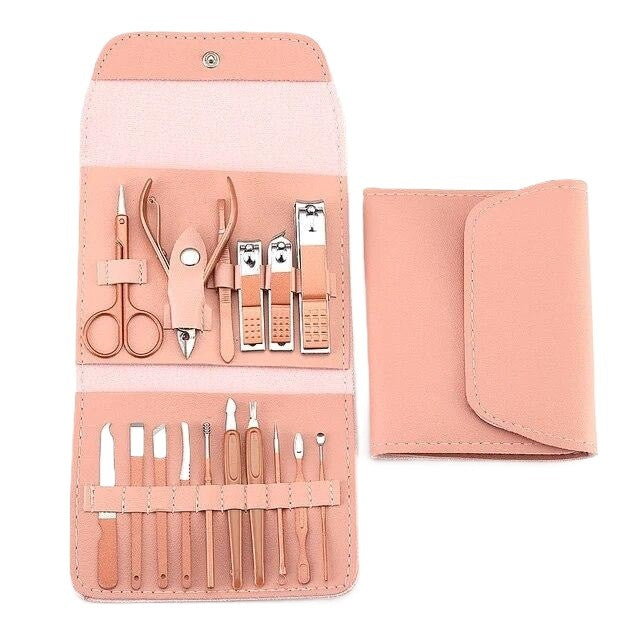 Set Manichiura si Pedichiura Complet, Trusa Ingrijire Faciala 16 in 1, Otel Carbon, Etui Organizator Piele Ecologica, Roz