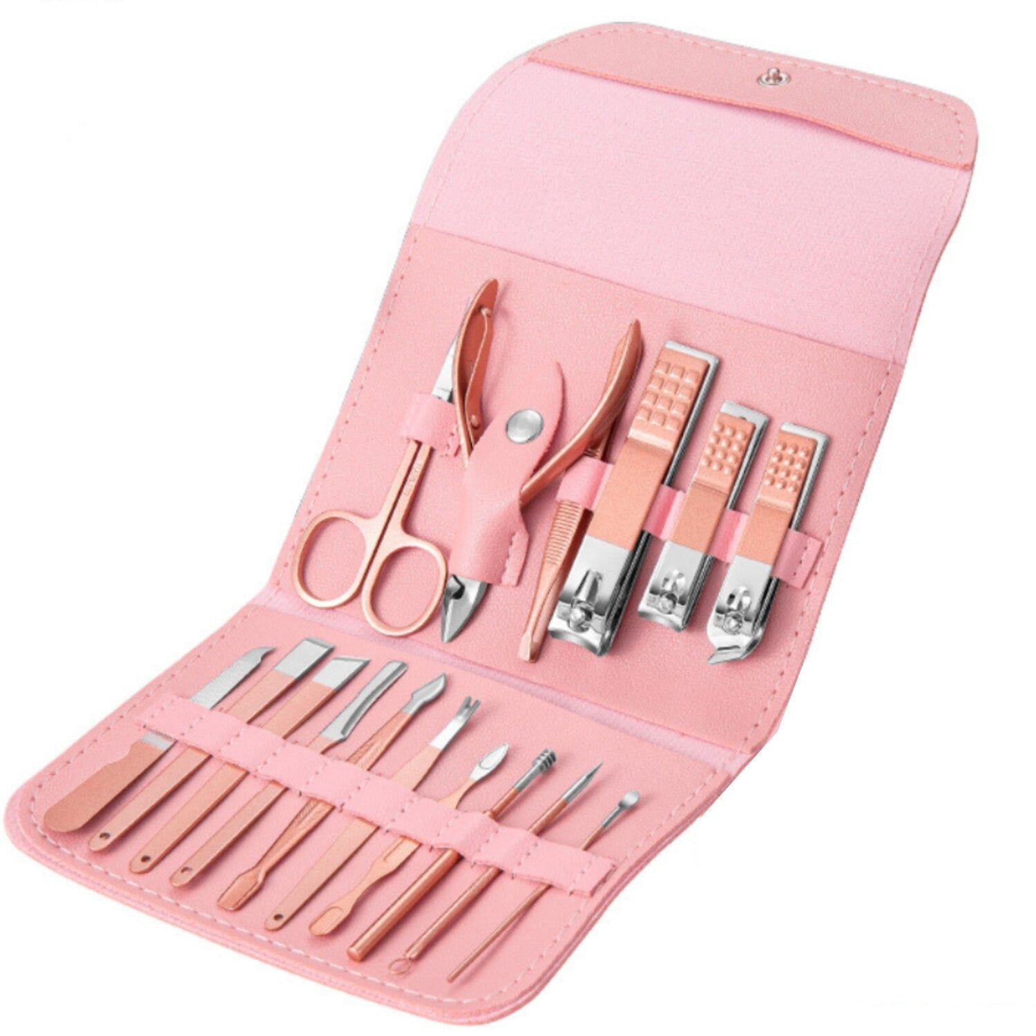 Set Manichiura si Pedichiura Complet, Trusa Ingrijire Faciala 16 in 1, Otel Carbon, Etui Organizator Piele Ecologica, Roz