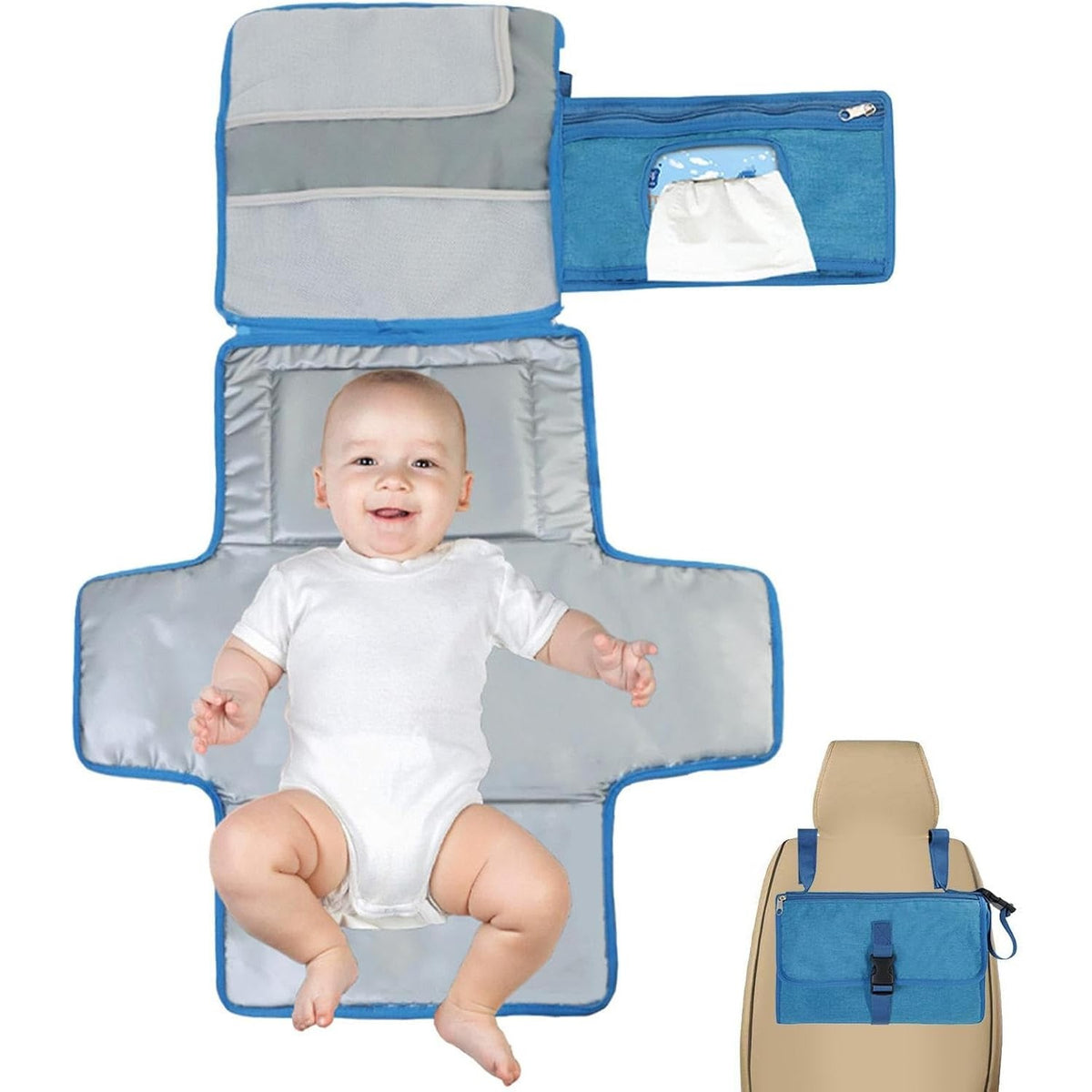 Geanta Multifunctionala si Aleza Schimbat Scutece, Impermeabila, Portabila, cu Buzunare Detasabile, Panza Oxford 300D, 30 x 20 cm, Albastru