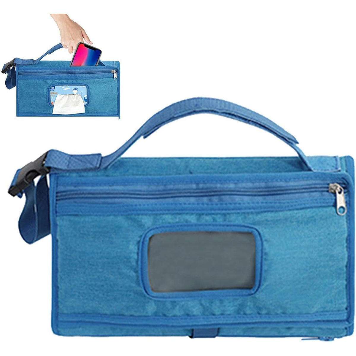 Geanta Multifunctionala si Aleza Schimbat Scutece, Impermeabila, Portabila, cu Buzunare Detasabile, Panza Oxford 300D, 30 x 20 cm, Albastru