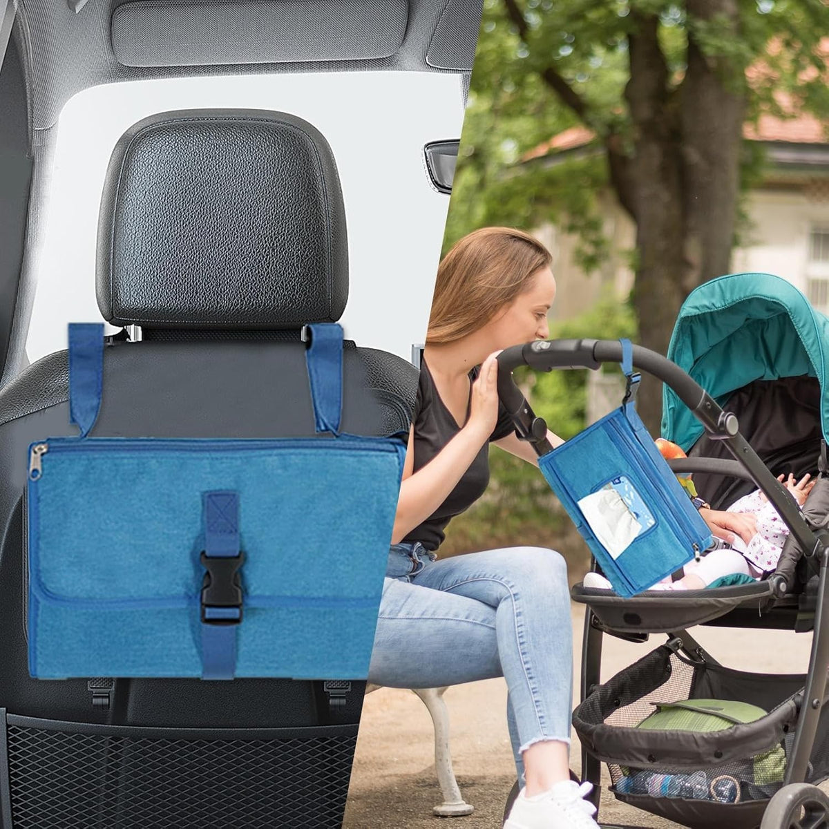 Geanta Multifunctionala si Aleza Schimbat Scutece, Impermeabila, Portabila, cu Buzunare Detasabile, Panza Oxford 300D, 30 x 20 cm, Albastru