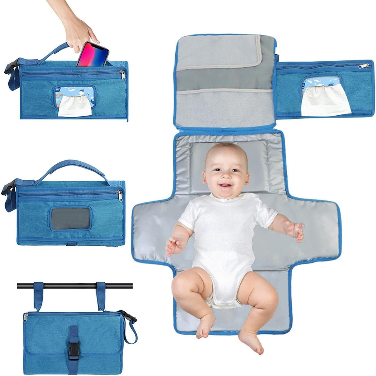 Geanta Multifunctionala si Aleza Schimbat Scutece, Impermeabila, Portabila, cu Buzunare Detasabile, Panza Oxford 300D, 30 x 20 cm, Albastru
