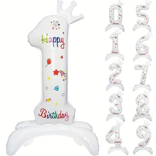 Balon Aniversar Cifra 1, Imprimeu Happy Birthday, Folie Metalizata, Umflare Aer sau Heliu, Inaltime 81 cm, Alb
