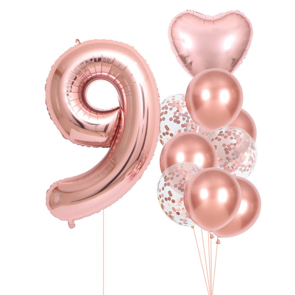 Set 10 Baloane Aniversare cu Cifra 9, Figurina Inima si Baloane Latex, Umflare Aer sau Heliu, Roz Pal, 81 cm/45 cm/25 cm
