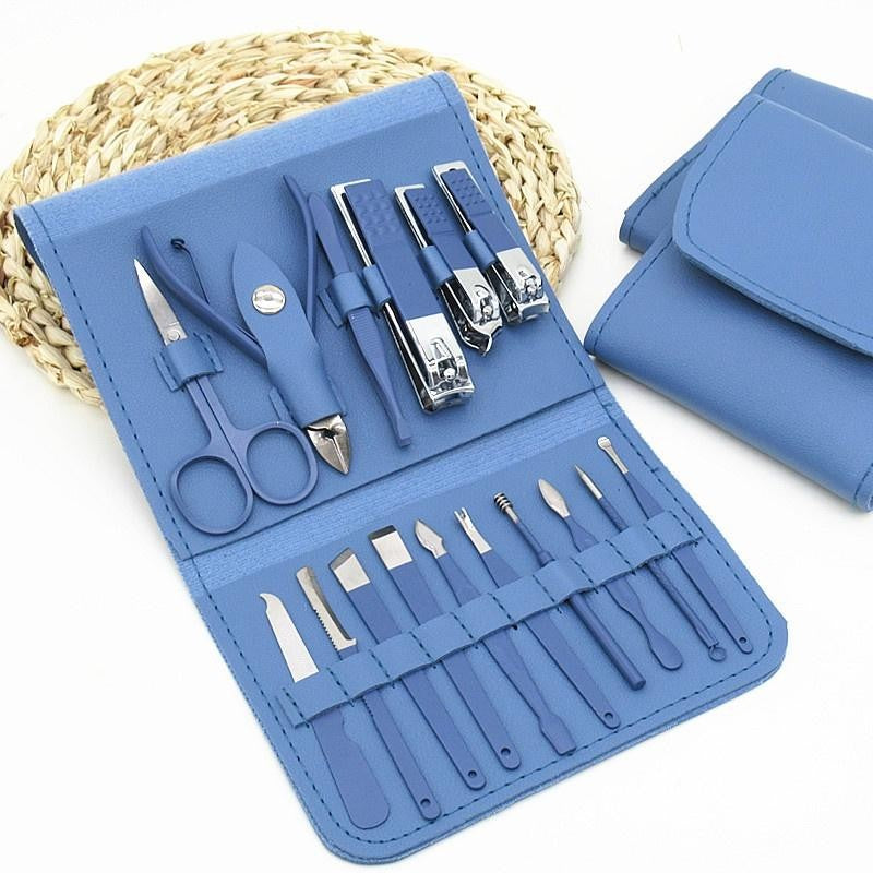 Set Manichiura si Pedichiura Complet, 16 Piese pentru Ingrijire Faciala si Unghii, Otel Carbon, Geanta Organizatoare Piele Ecologica, Albastru