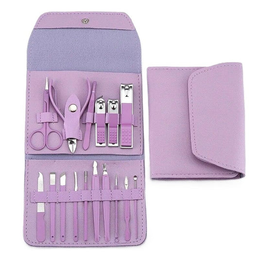 Set Manichiura si Pedichiura Profesionist, Kit Ingrijire Faciala 16 Piese, Otel Carbon, Etui Piele Ecologica, Mov