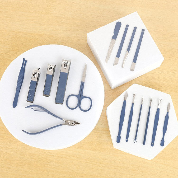 Set Manichiura si Pedichiura Profesionist, Kit Ingrijire Faciala 16 Piese, Otel Carbon, Etui Piele Ecologica, Mov