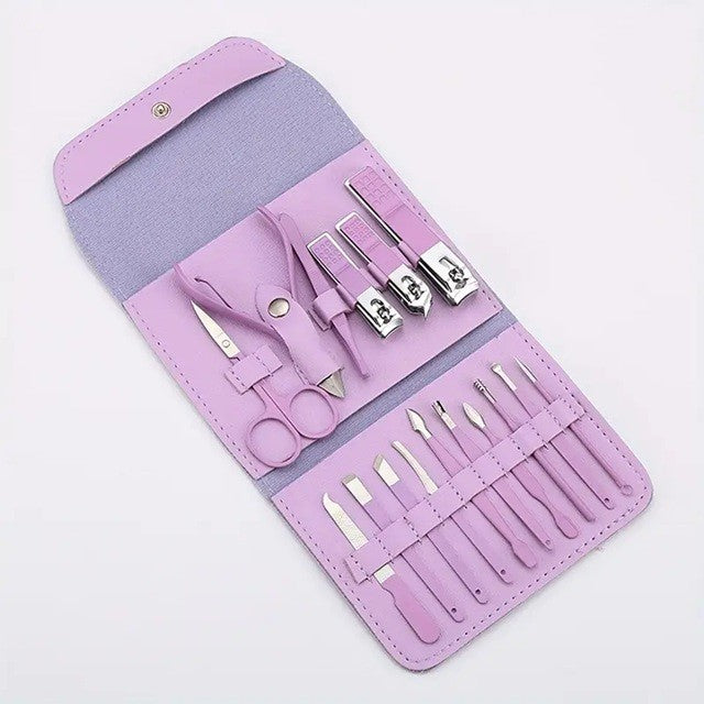 Set Manichiura si Pedichiura Profesionist, Kit Ingrijire Faciala 16 Piese, Otel Carbon, Etui Piele Ecologica, Mov