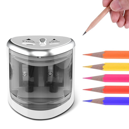 Ascutitoare Electrica cu 2 Gauri pentru Creioane Standard si Groase, Compatibila 6-12 mm, Alimentare 4 Baterii AA, Plastic Rezistent, 7.5 x 7.5 x 7.5 cm, Gri