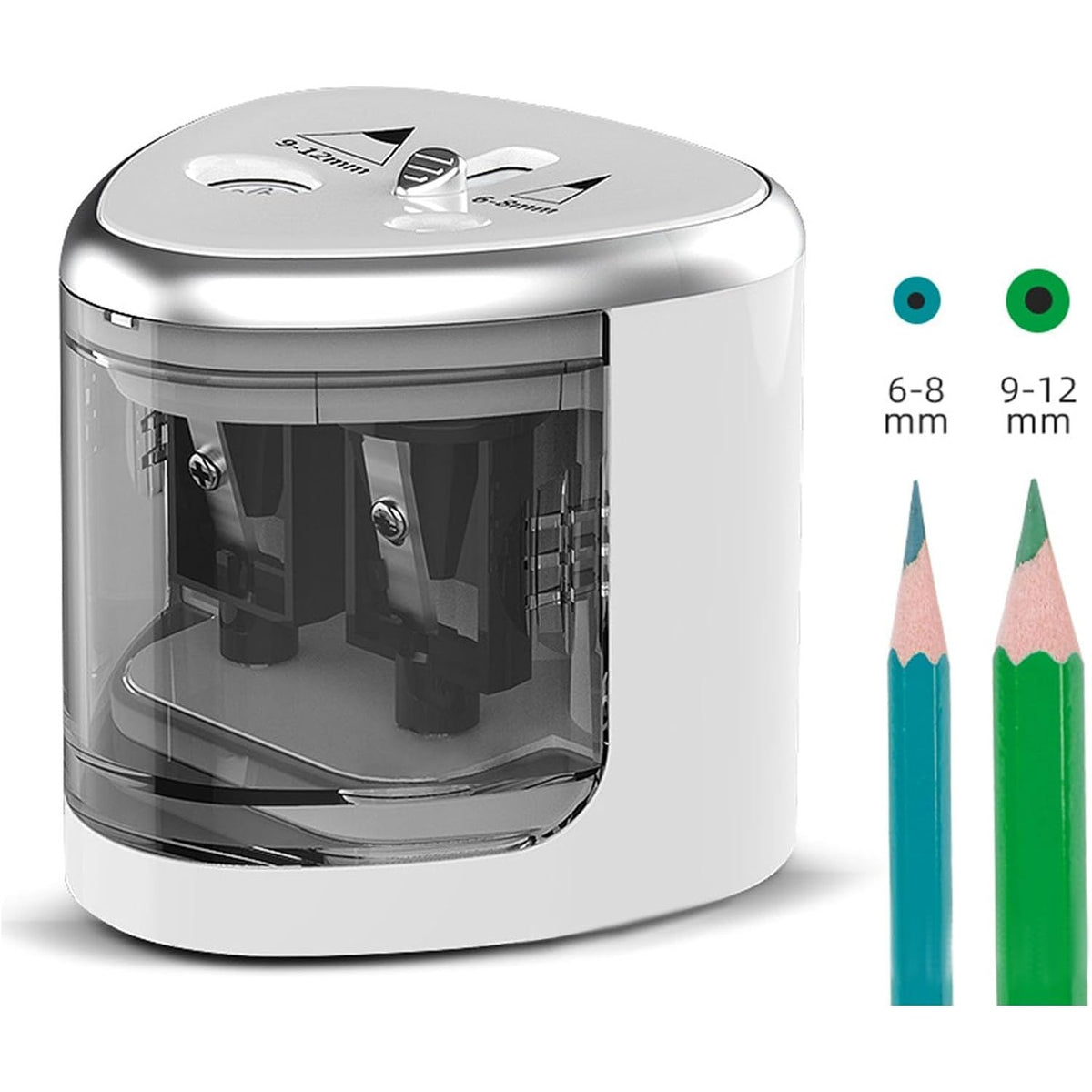 Ascutitoare Electrica cu 2 Gauri pentru Creioane Standard si Groase, Compatibila 6-12 mm, Alimentare 4 Baterii AA, Plastic Rezistent, 7.5 x 7.5 x 7.5 cm, Gri