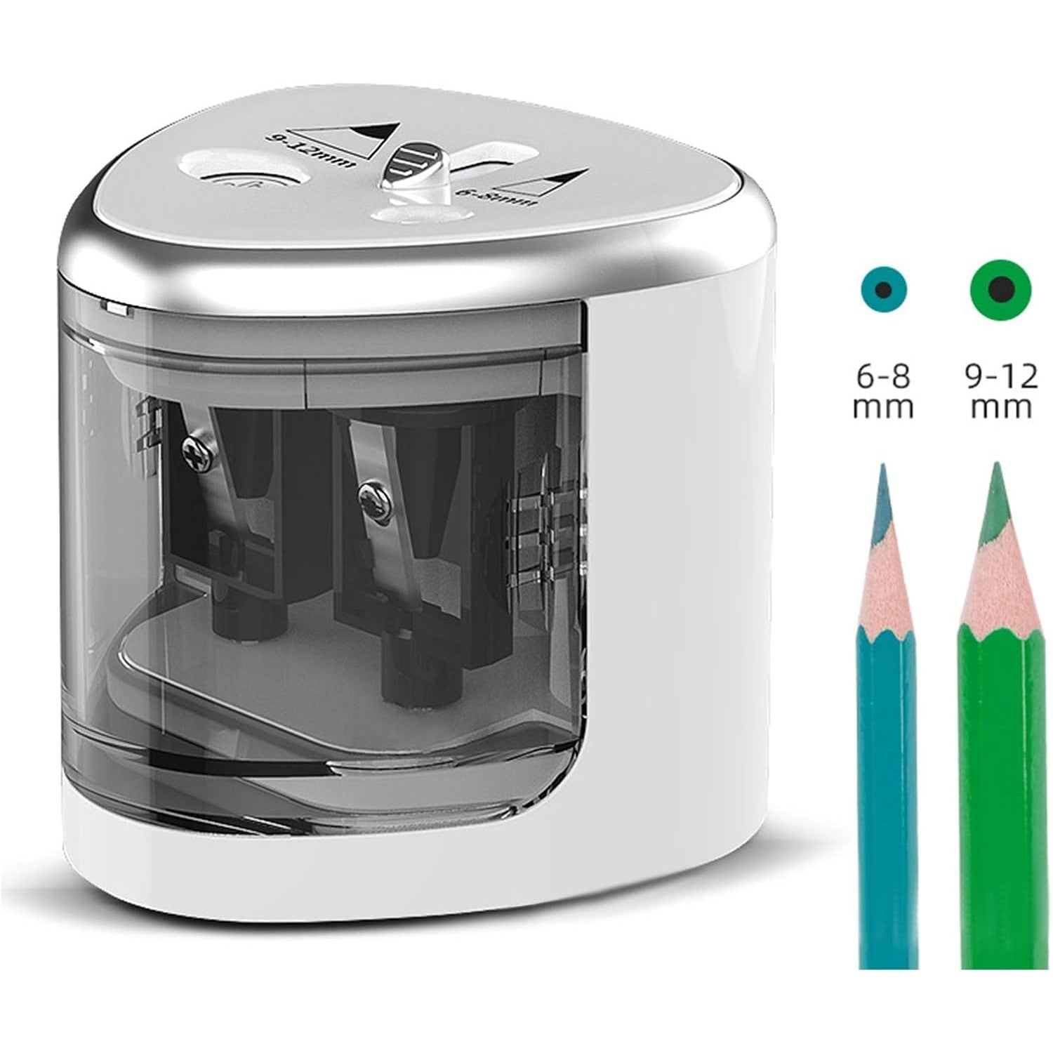 Ascutitoare Electrica cu 2 Gauri pentru Creioane Standard si Groase, Compatibila 6-12 mm, Alimentare 4 Baterii AA, Plastic Rezistent, 7.5 x 7.5 x 7.5 cm, Gri
