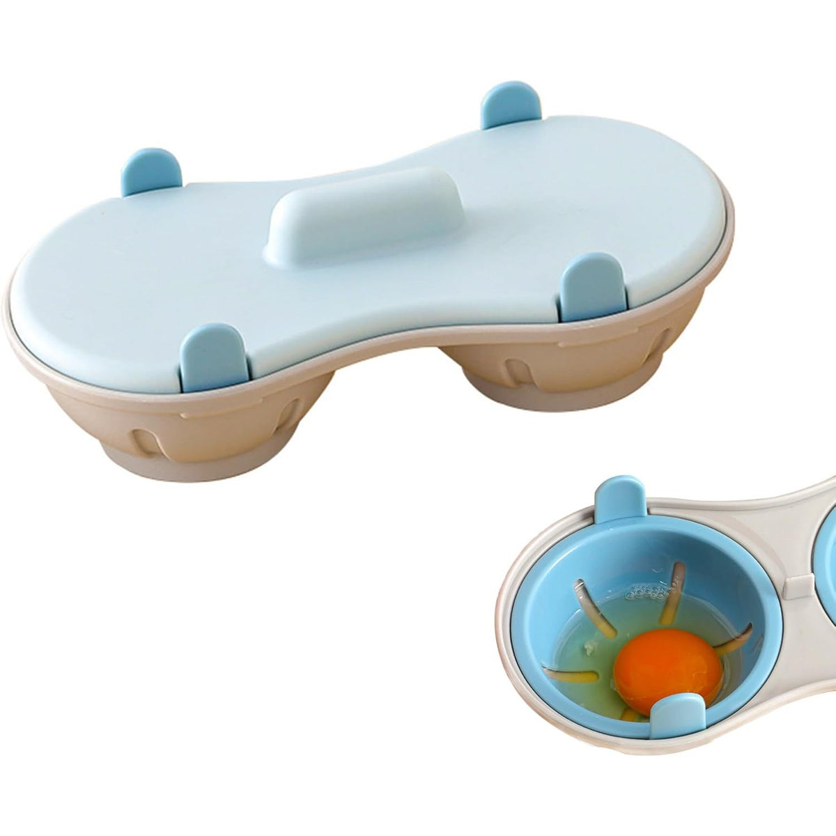 Recipient pentru Gatit Oua la Cuptorul cu Microunde, Forma Dubla pentru Oua Posate, Baza Antiderapanta, Plastic PP, 22 x 11.8 x 8 cm, Albastru
