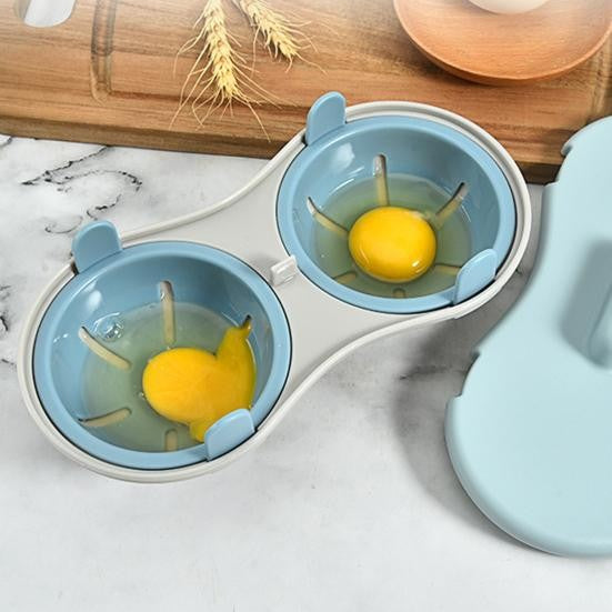 Recipient pentru Gatit Oua la Cuptorul cu Microunde, Forma Dubla pentru Oua Posate, Baza Antiderapanta, Plastic PP, 22 x 11.8 x 8 cm, Albastru