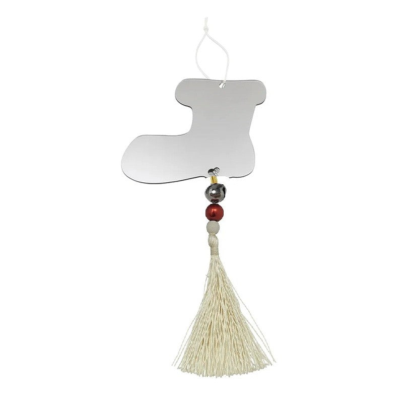 Decoratiune de Craciun pentru Brad, Cizma de Mos cu Clopotel Metalic, Plastic Lucios, Argintiu, 10.5 cm