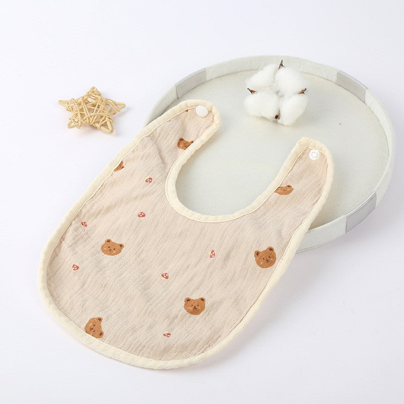 Bavetă în Formă de U pentru Bebeluși, Protecție Rezistentă la Apă și Salivare, 100% Bumbac cu 4 Straturi, Închidere cu Capse Ajustabile, 21x30 cm, Bej cu Imprimeu Ursuleți