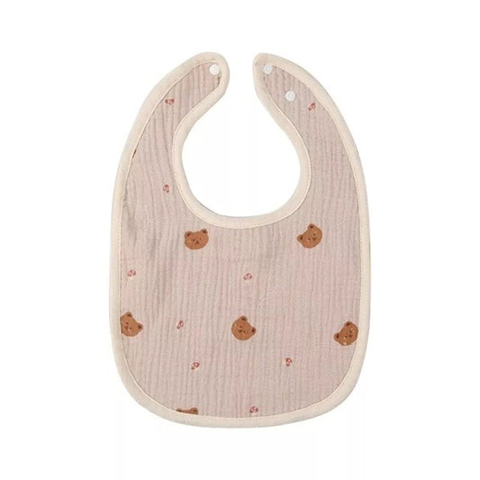Bavetă în Formă de U pentru Bebeluși, Protecție Rezistentă la Apă și Salivare, 100% Bumbac cu 4 Straturi, Închidere cu Capse Ajustabile, 21x30 cm, Bej cu Imprimeu Ursuleți