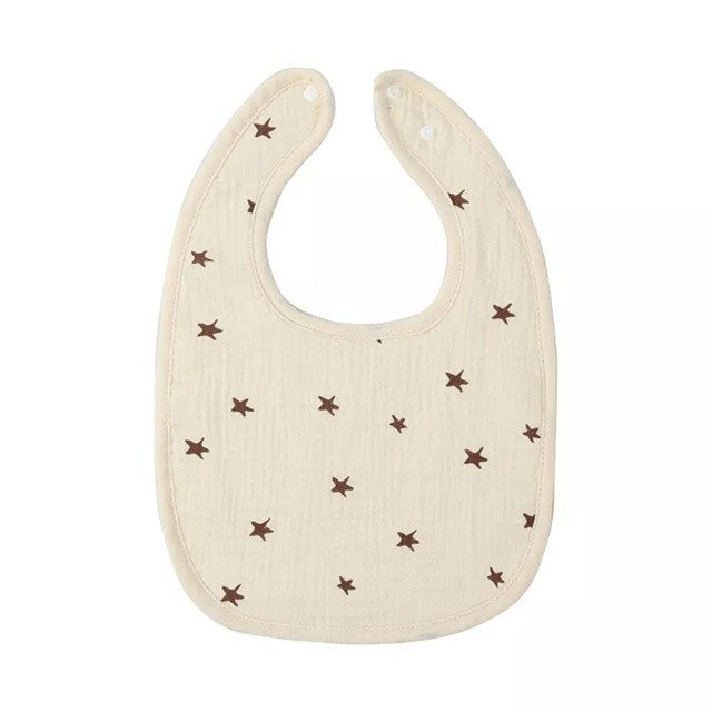Baveta Bebelusi in Forma de U, Protectie Impermeabila si Absorbanta, 100% Bumbac cu 4 Straturi, Inchidere cu Capse, Model Stelute, 21x30 cm, Crem