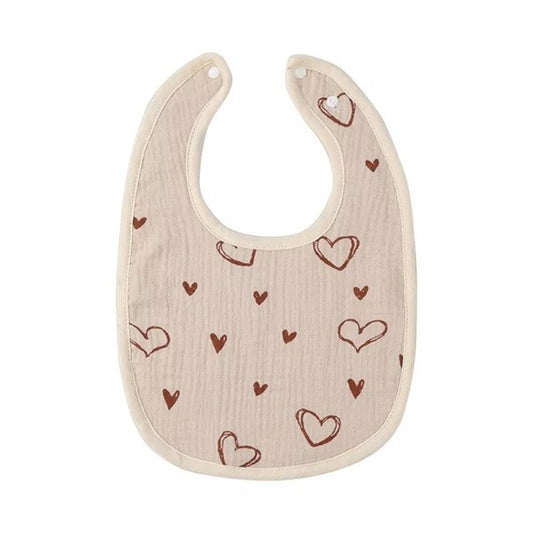 Baveta Bebelusi in Forma de U, Protectie Impermeabila si Absorbanta, 100% Bumbac cu 4 Straturi, Inchidere cu Capse, Model Inimi, 21x30 cm, Bej
