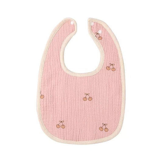 Baveta Bebelusi in Forma de U, Protectie Dentitie si Salivare, Bumbac 100% cu 4 Straturi, Inchidere cu Capse, 21x30 cm, Roz cu Model Cirese