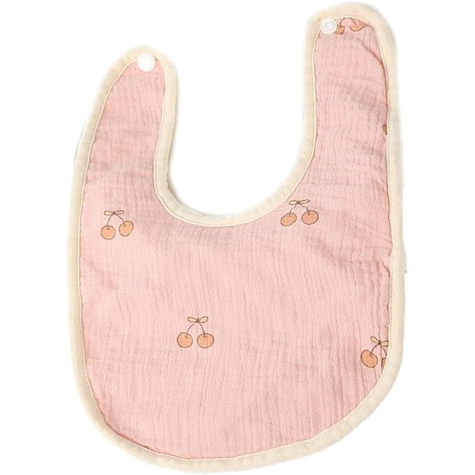 Baveta Bebelusi in Forma de U, Protectie Dentitie si Salivare, Bumbac 100% cu 4 Straturi, Inchidere cu Capse, 21x30 cm, Roz cu Model Cirese
